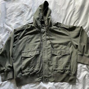 American Eagle Hooded Military Bomber Jacket Zip-Up Front Pocket Olive Womens M